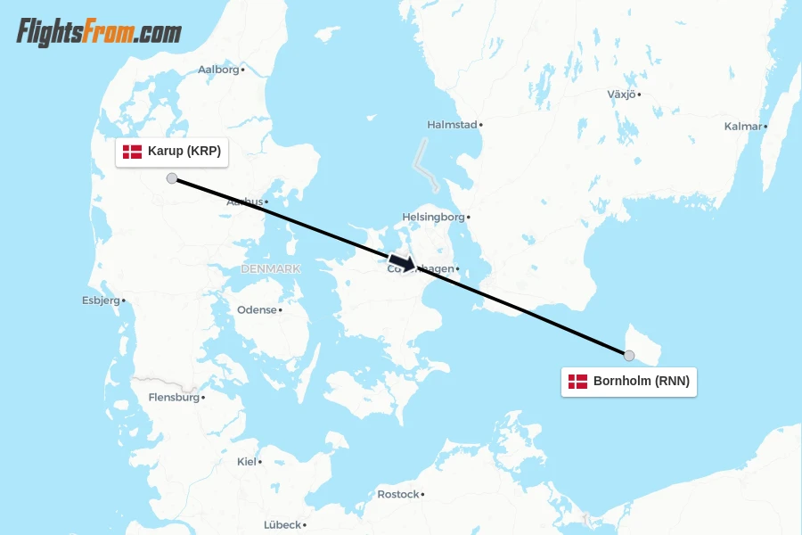 Flights from Karup to Bornholm route map