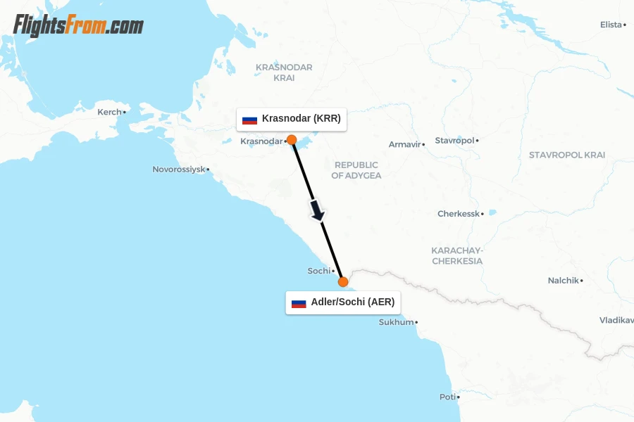 Flights from Krasnodar to Adler/Sochi route map