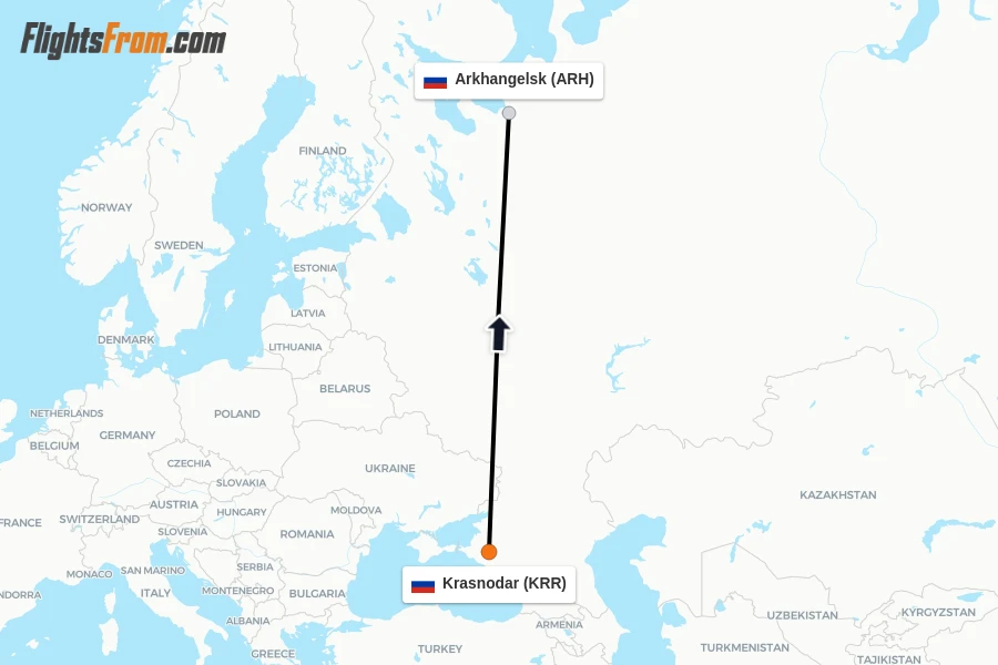 Flights from Krasnodar to Arkhangelsk route map