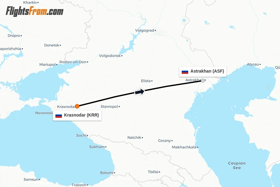 Flights from Krasnodar to Astrakhan route map