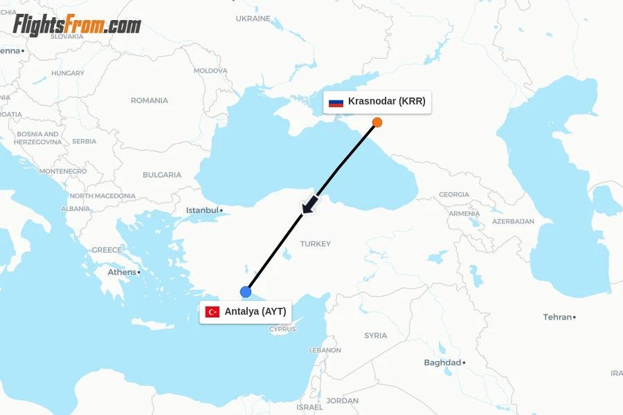 Flights from Krasnodar to Antalya route map