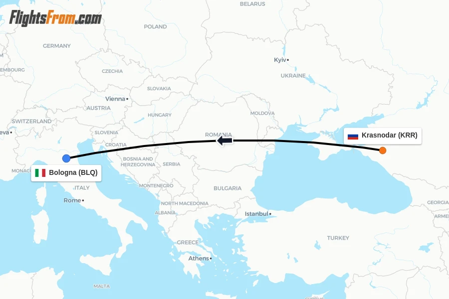 Flights from Krasnodar to Bologna route map