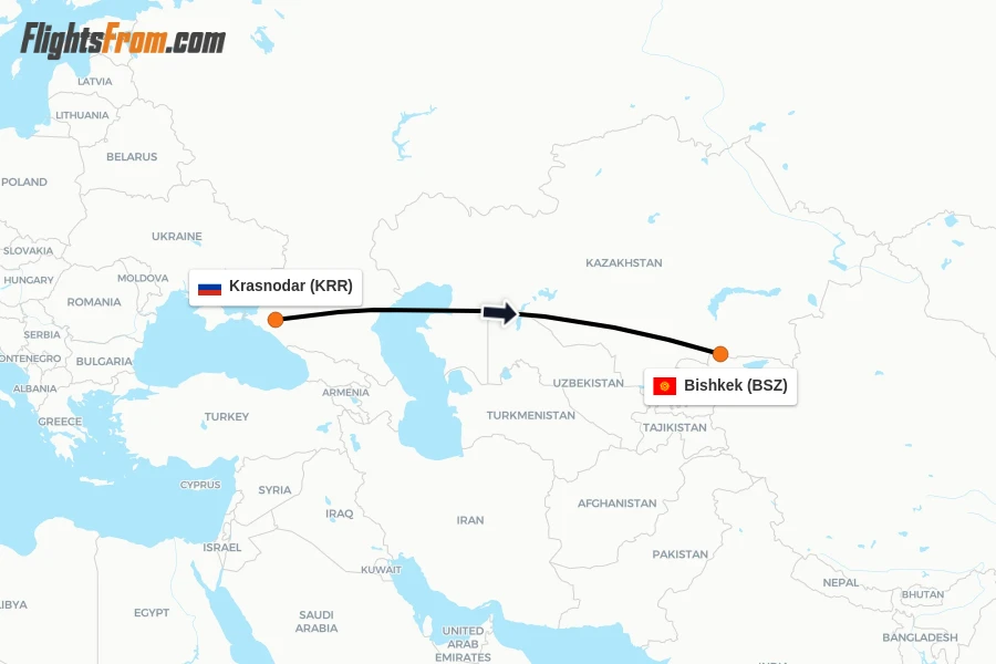 Flights from Krasnodar to Bishkek route map