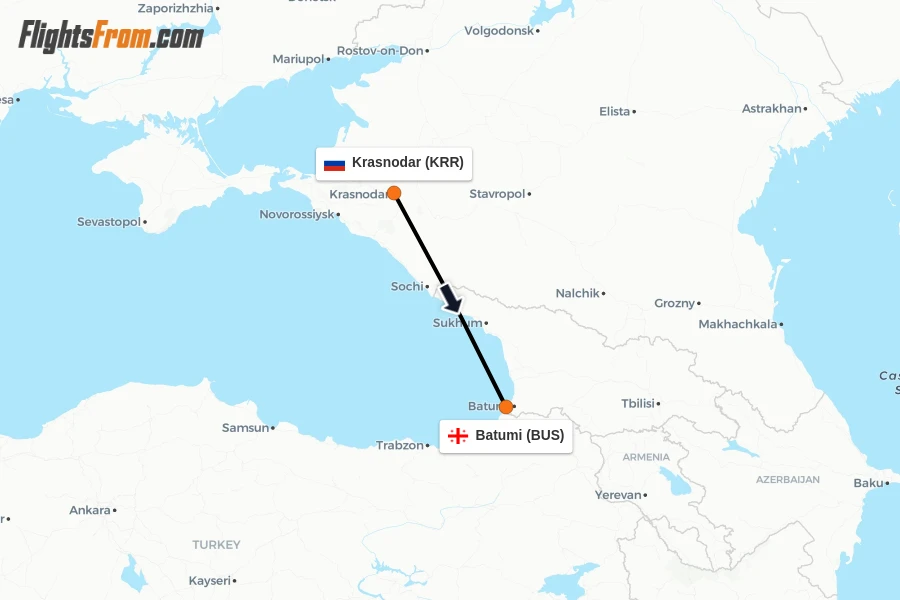 Flights from Krasnodar to Batumi route map