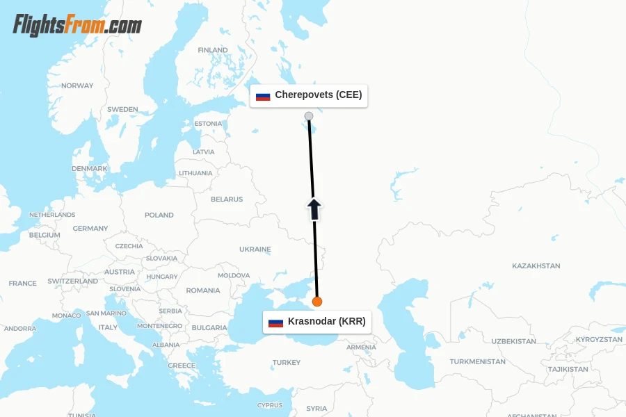 Flights from Krasnodar to Cherepovets route map