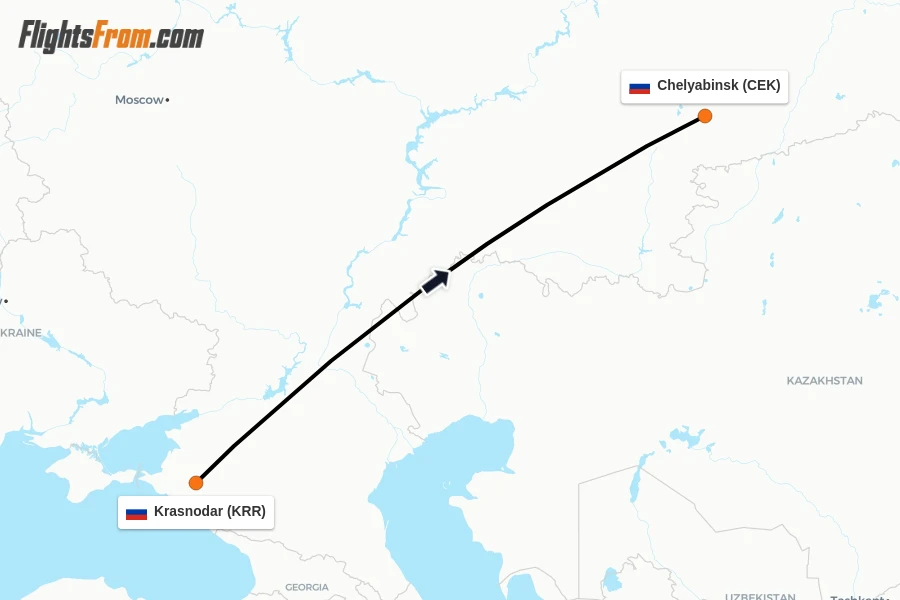 Flights from Krasnodar to Chelyabinsk route map