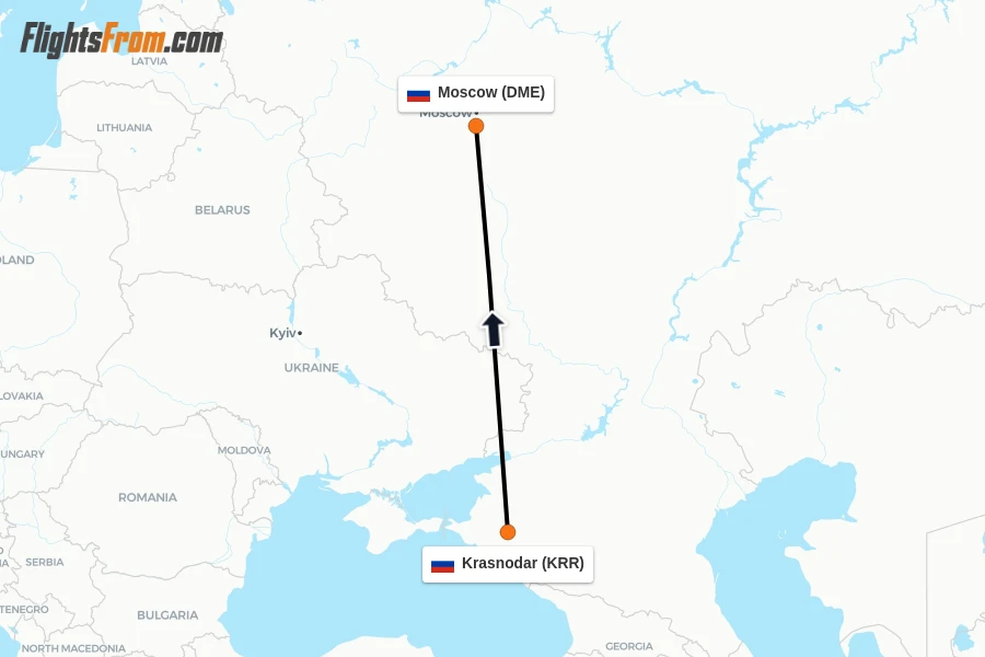 Flights from Krasnodar to Moscow route map