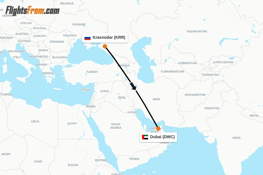 Flights from Krasnodar to Dubai route map