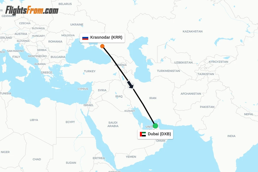 Flights from Krasnodar to Dubai route map