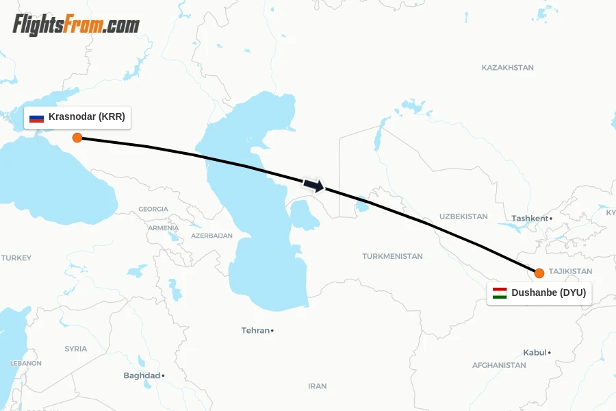 Flights from Krasnodar to Dushanbe route map