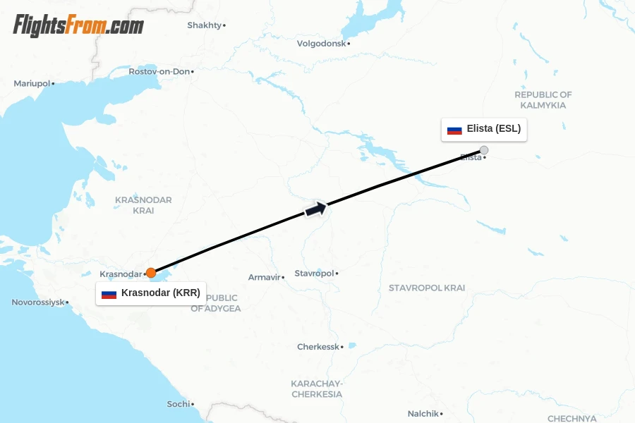 Flights from Krasnodar to Elista route map