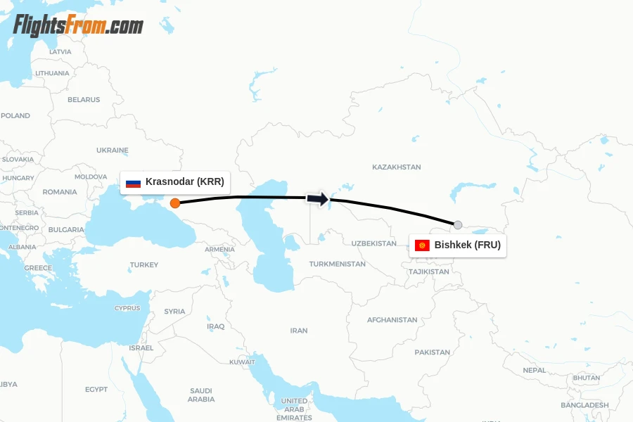 Flights from Krasnodar to Bishkek route map