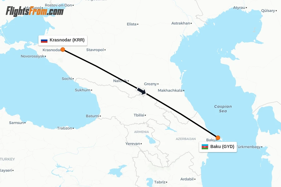 Flights from Krasnodar to Baku route map