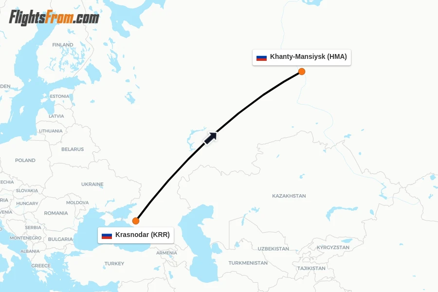 Flights from Krasnodar to Khanty-Mansiysk route map