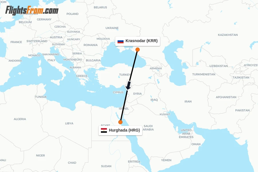 Flights from Krasnodar to Hurghada route map