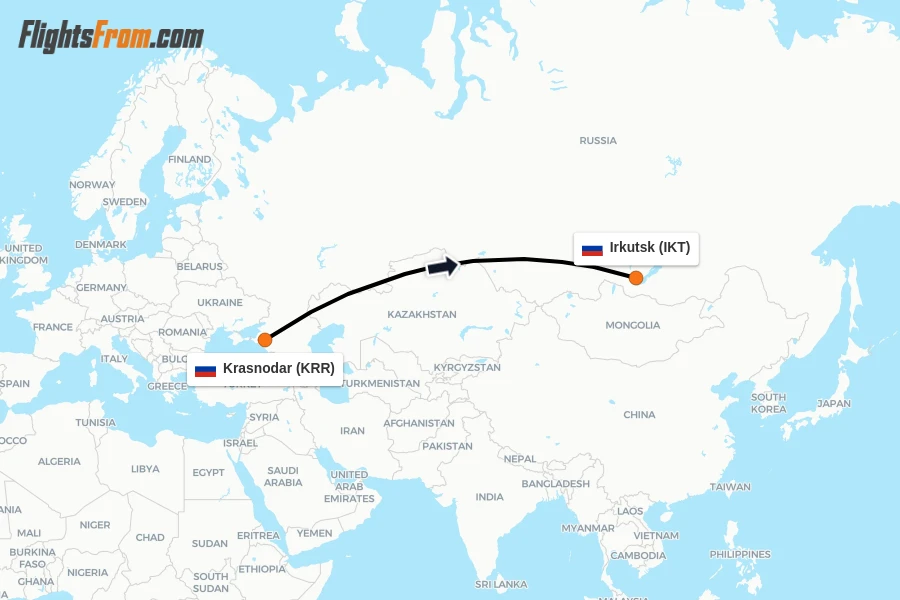 Flights from Krasnodar to Irkutsk route map