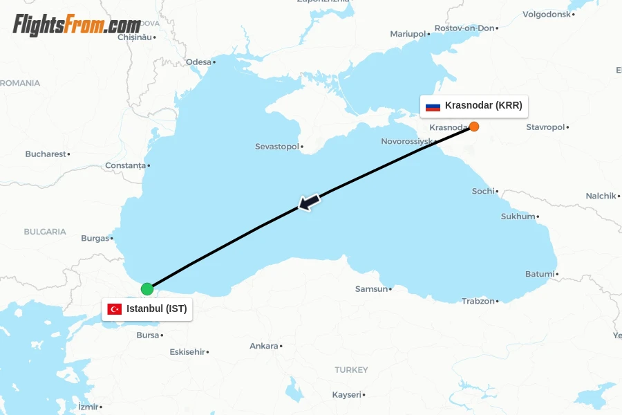 Flights from Krasnodar to Istanbul route map