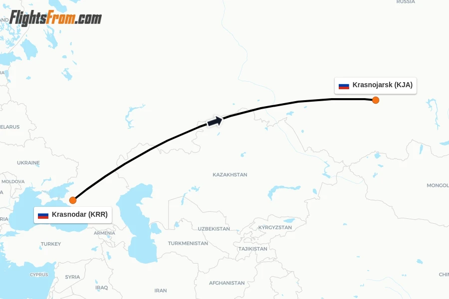 Flights from Krasnodar to Krasnojarsk route map