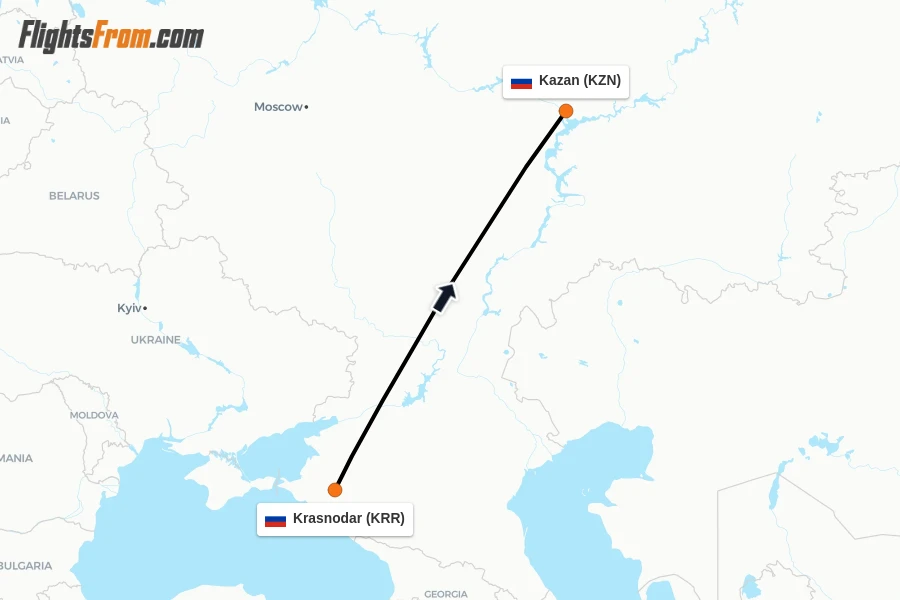 Flights from Krasnodar to Kazan route map