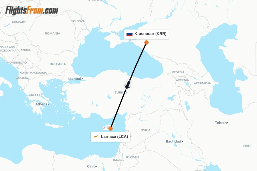 Flights from Krasnodar to Larnaca route map