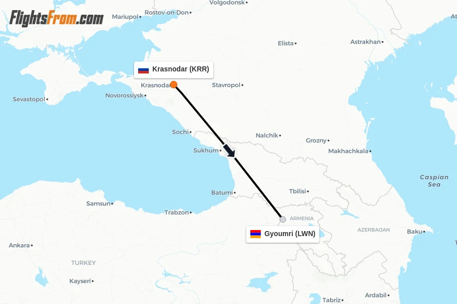 Flights from Krasnodar to Gyoumri route map