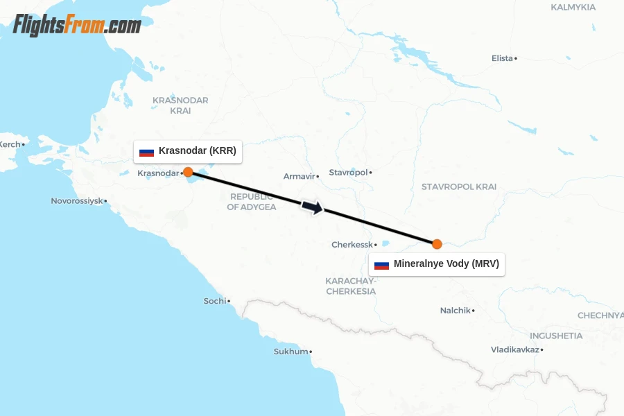 Flights from Krasnodar to Mineralnye Vody route map