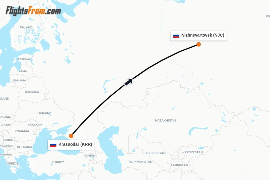 Flights from Krasnodar to Nizhnevartovsk route map