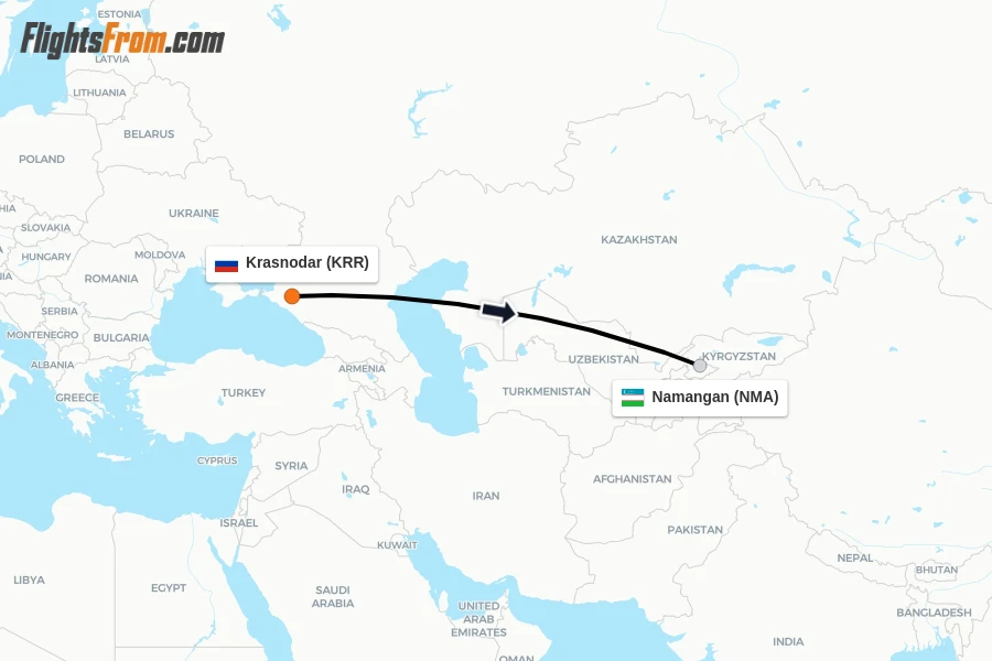 Flights from Krasnodar to Namangan route map