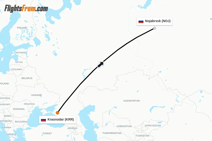 Flights from Krasnodar to Nojabrxsk route map