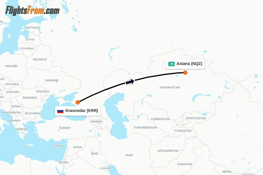 Flights from Krasnodar to Astana route map