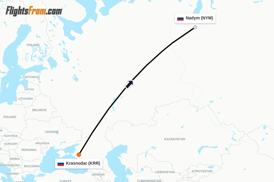 Flights from Krasnodar to Nadym route map