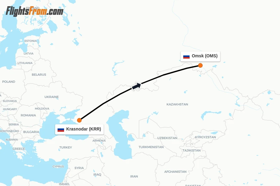 Flights from Krasnodar to Omsk route map
