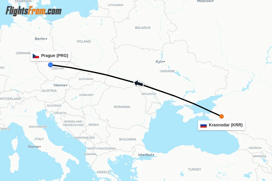 Flights from Krasnodar to Prague route map