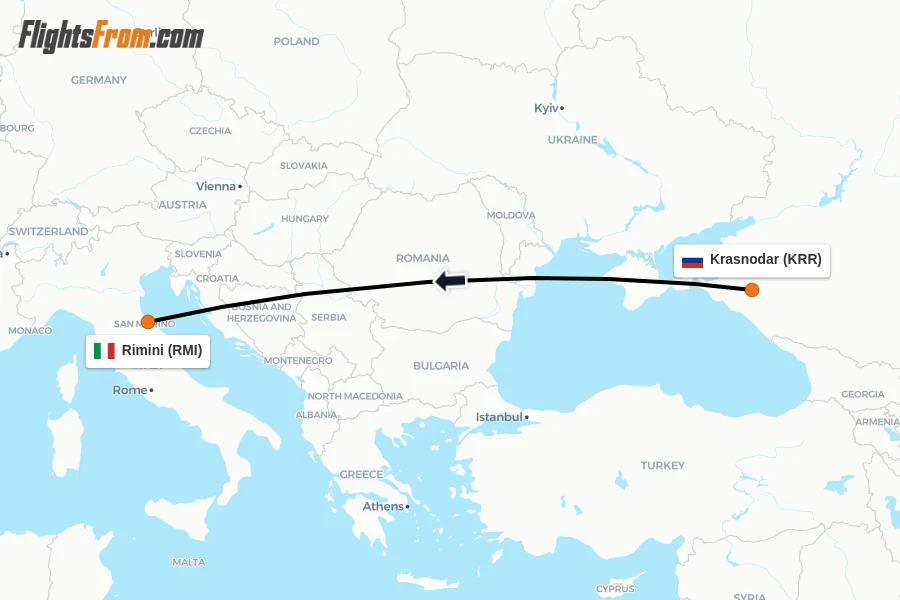 Flights from Krasnodar to Rimini route map