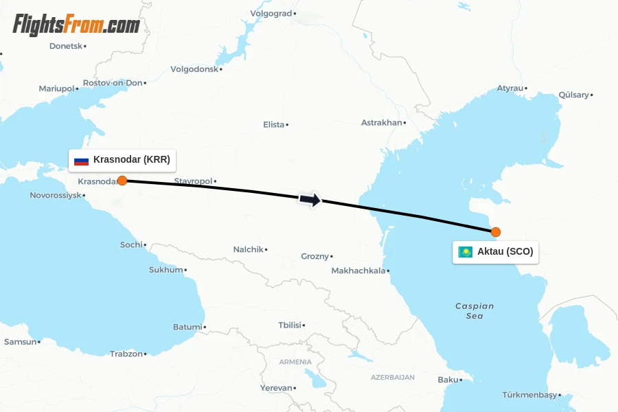 Flights from Krasnodar to Aktau route map