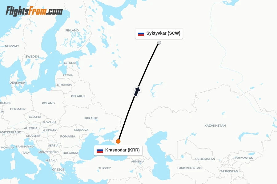 Flights from Krasnodar to Syktyvkar route map