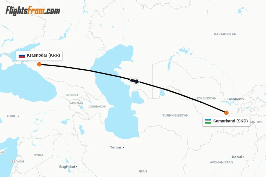 Flights from Krasnodar to Samarkand route map