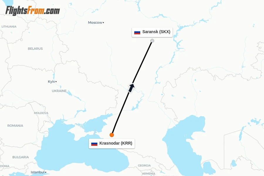 Flights from Krasnodar to Saransk route map