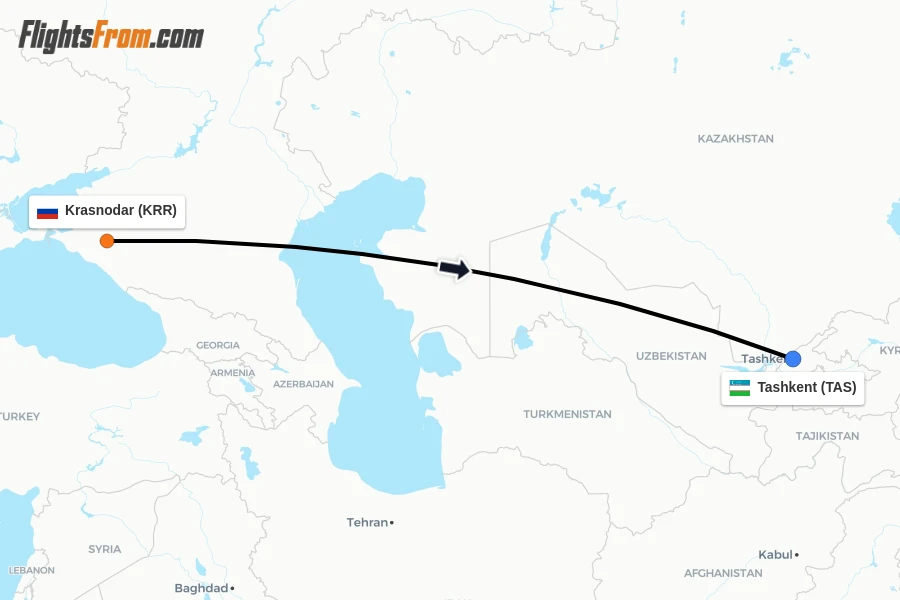 Flights from Krasnodar to Tashkent route map