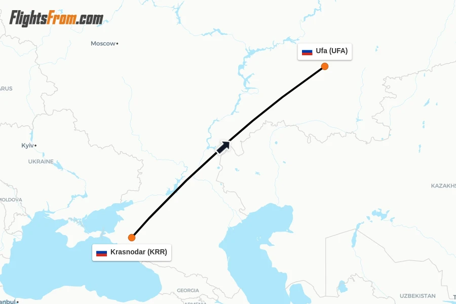 Flights from Krasnodar to Ufa route map