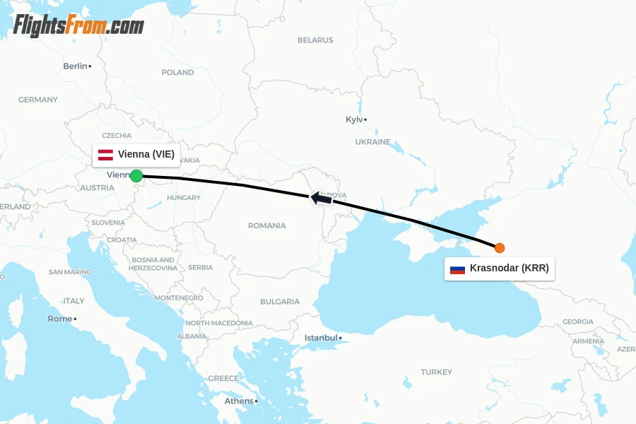 Flights from Krasnodar to Vienna route map