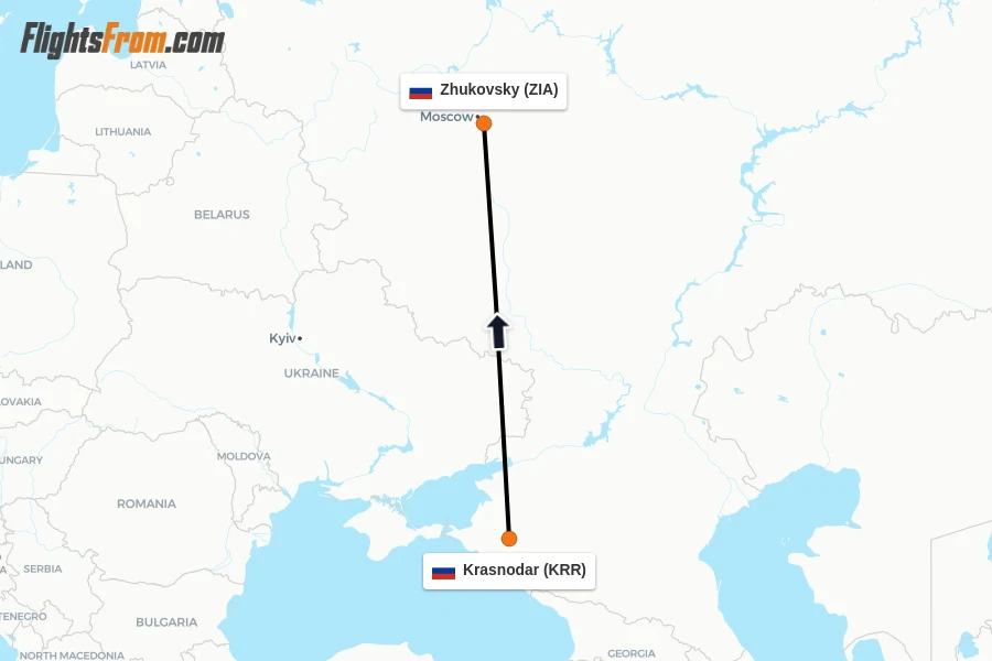Flights from Krasnodar to Zhukovsky route map