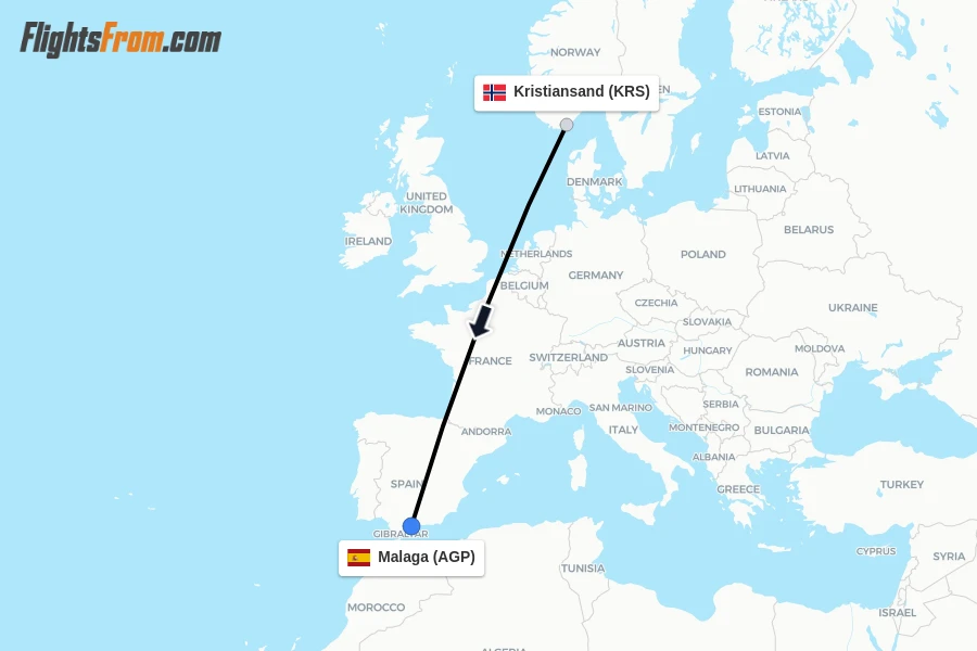 Flights from Kristiansand to Malaga route map