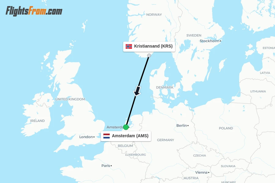 Flights from Kristiansand to Amsterdam route map