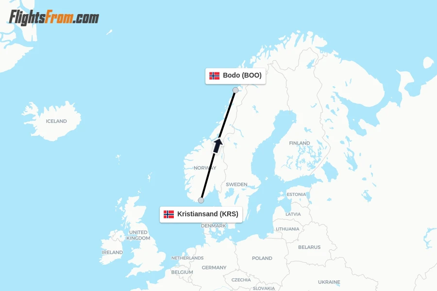 Flights from Kristiansand to Bodo route map