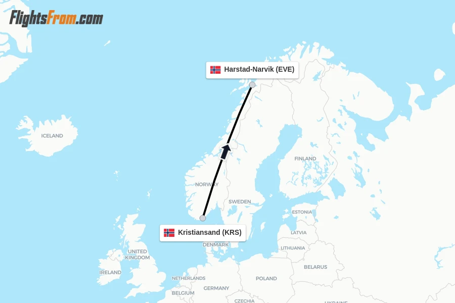 Flights from Kristiansand to Harstad-Narvik route map
