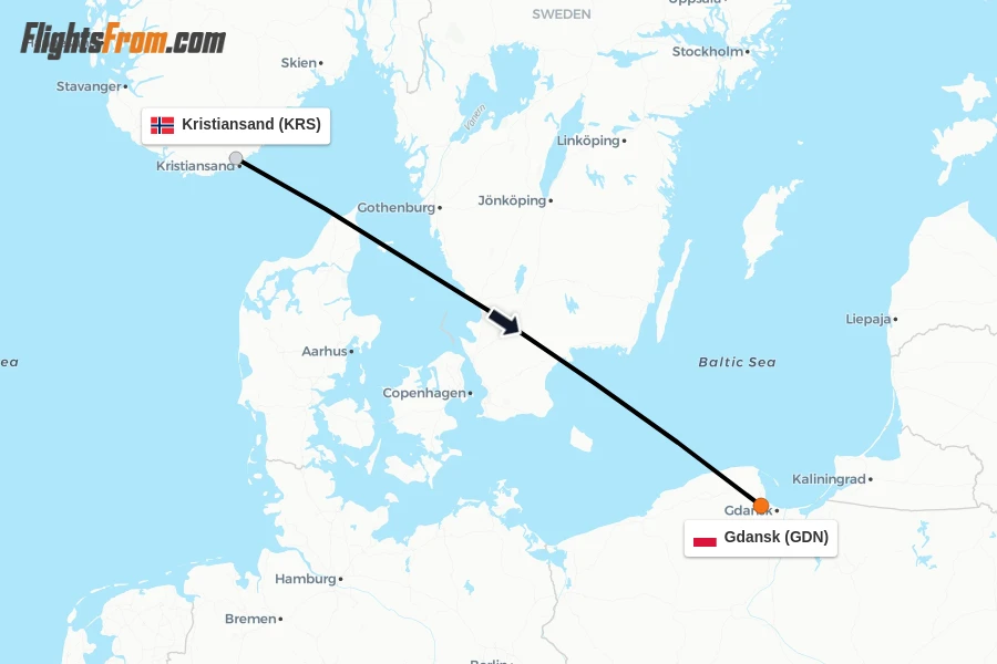 Flights from Kristiansand to Gdansk route map