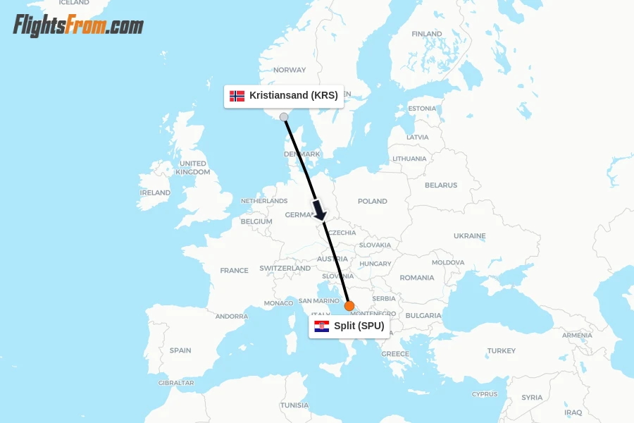 Flights from Kristiansand to Split route map