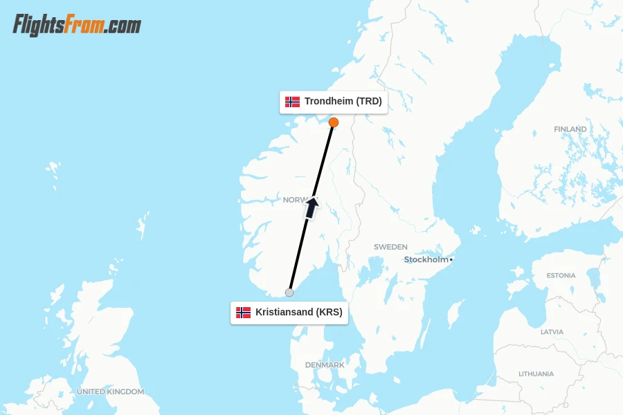 Flights from Kristiansand to Trondheim route map