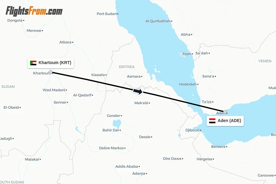 Flights from Khartoum to Aden route map